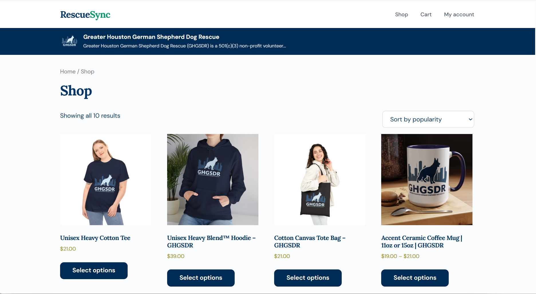 Live merch store for Greater Houston German Shepherd Dog Rescue showing branded t-shirts, hoodies, tote bags, and mugs